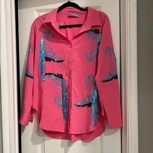 Pink Button Down Shirt with Sequin Boot Design
